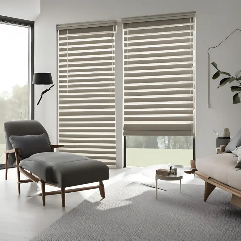 Modern living room with chair and window with duplex blinds.